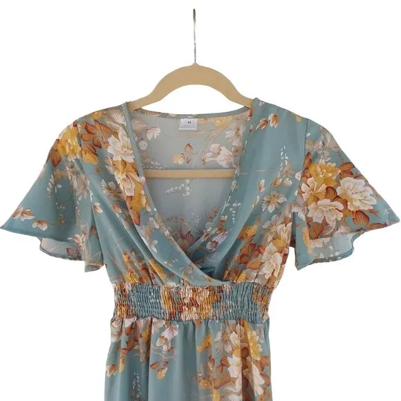 Flowy Floral Midi Dress, Butterfly Short Sleeves, V-Neck, Shirred Waist, Size M - Picture 4 of 8